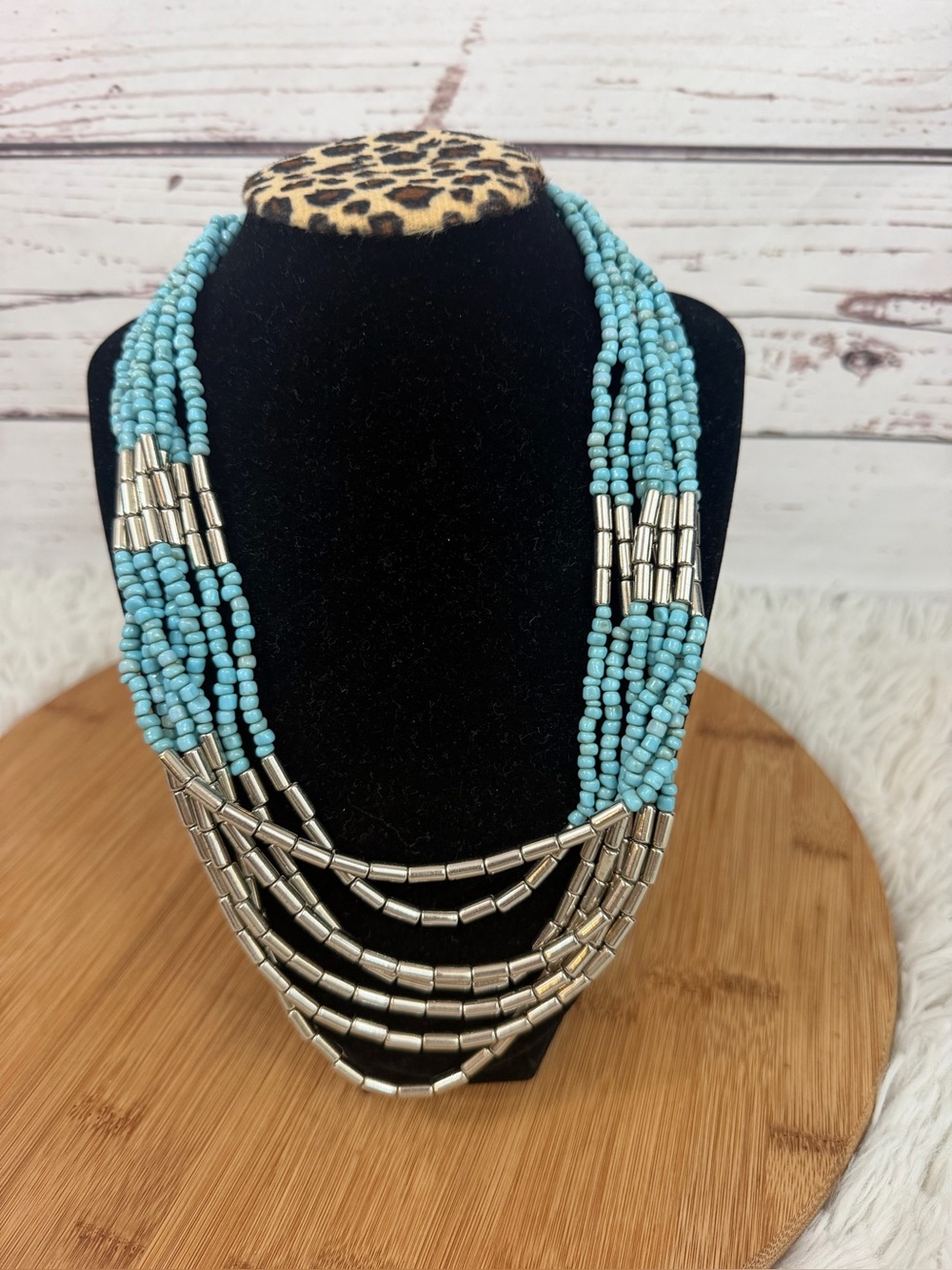 Southwestern Style Multi-Strand Turquoise Bead and Silver Tube Statement Necklac